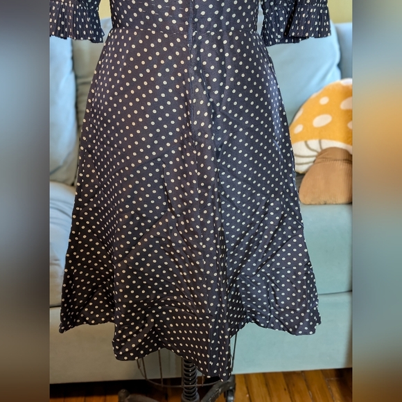[Handmade - Jane Overland] Vintage Navy Polkadot Midi Dress with Pleats | Medium - Picture 9 of 16
